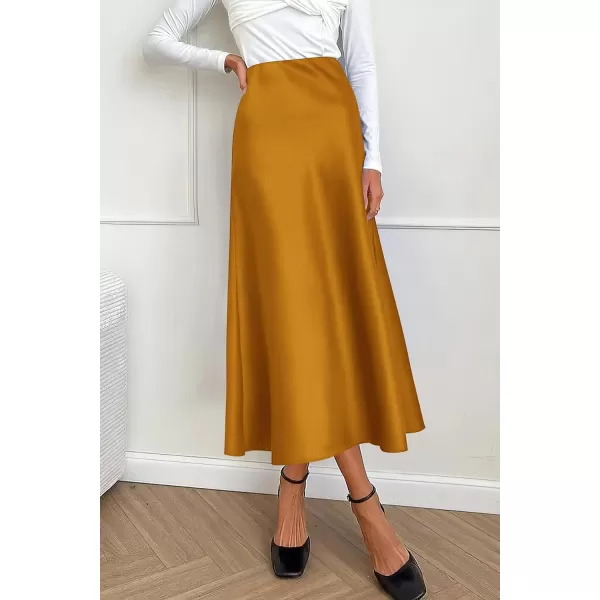 imagePRETTYGARDEN Womens Midi Satin Skirt Dressy Casual High Waisted A Line Flowy Ruffle Elegant Party SkirtsBrown Yellow