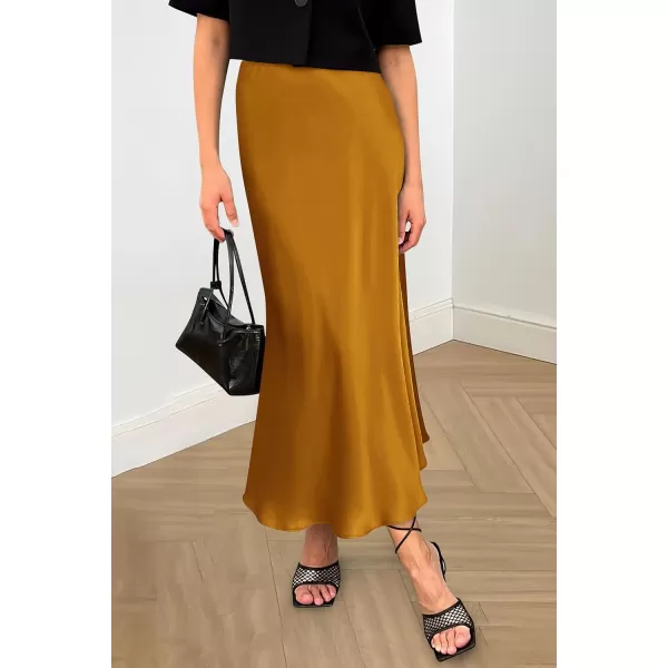 imagePRETTYGARDEN Womens Midi Satin Skirt Dressy Casual High Waisted A Line Flowy Ruffle Elegant Party SkirtsBrown Yellow