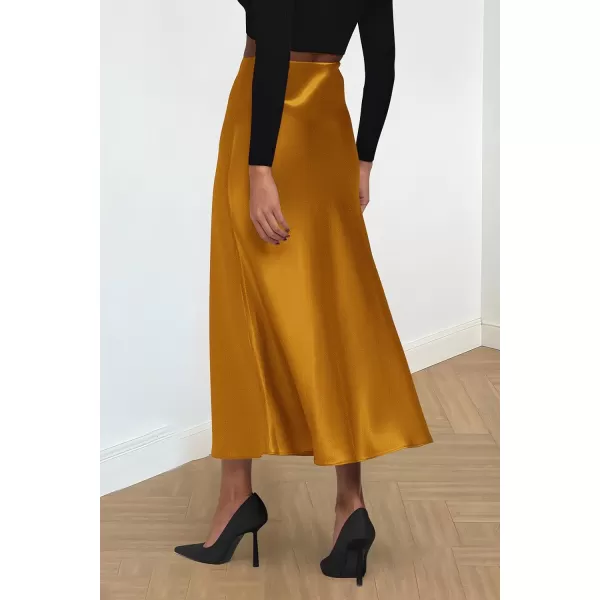 imagePRETTYGARDEN Womens Midi Satin Skirt Dressy Casual High Waisted A Line Flowy Ruffle Elegant Party SkirtsBrown Yellow