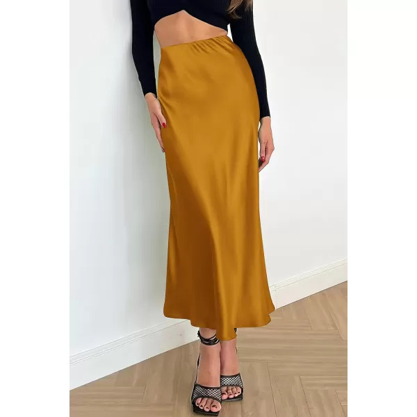 imagePRETTYGARDEN Womens Midi Satin Skirt Dressy Casual High Waisted A Line Flowy Ruffle Elegant Party SkirtsBrown Yellow