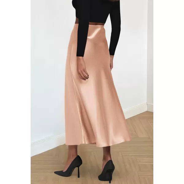 imagePRETTYGARDEN Womens Midi Satin Skirt Dressy Casual High Waisted A Line Flowy Ruffle Elegant Party SkirtsChampagne