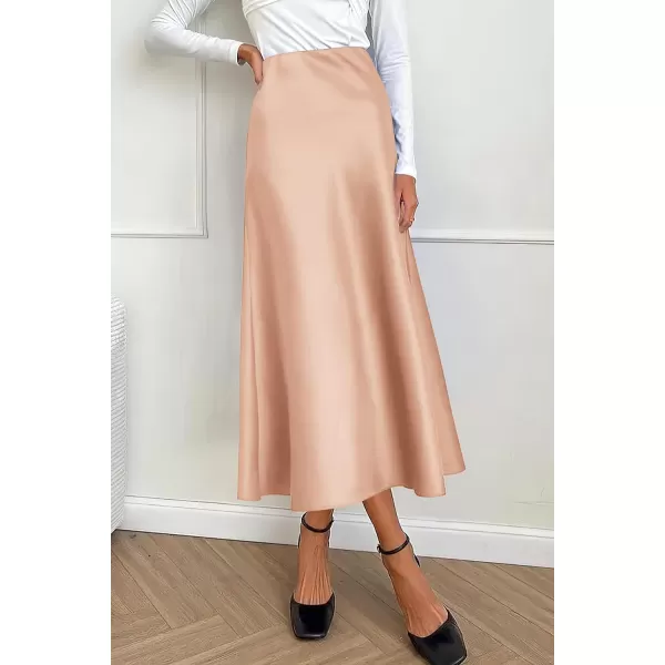imagePRETTYGARDEN Womens Midi Satin Skirt Dressy Casual High Waisted A Line Flowy Ruffle Elegant Party SkirtsChampagne
