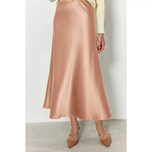 imagePRETTYGARDEN Womens Midi Satin Skirt Dressy Casual High Waisted A Line Flowy Ruffle Elegant Party SkirtsChampagne