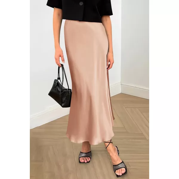 imagePRETTYGARDEN Womens Midi Satin Skirt Dressy Casual High Waisted A Line Flowy Ruffle Elegant Party SkirtsChampagne