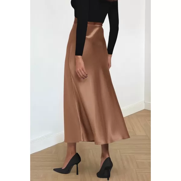 imagePRETTYGARDEN Womens Midi Satin Skirt Dressy Casual High Waisted A Line Flowy Ruffle Elegant Party SkirtsCoffee
