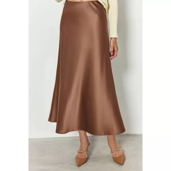 imagePRETTYGARDEN Womens Midi Satin Skirt Dressy Casual High Waisted A Line Flowy Ruffle Elegant Party SkirtsCoffee