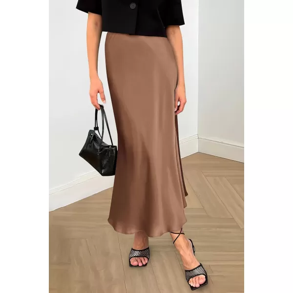 imagePRETTYGARDEN Womens Midi Satin Skirt Dressy Casual High Waisted A Line Flowy Ruffle Elegant Party SkirtsCoffee