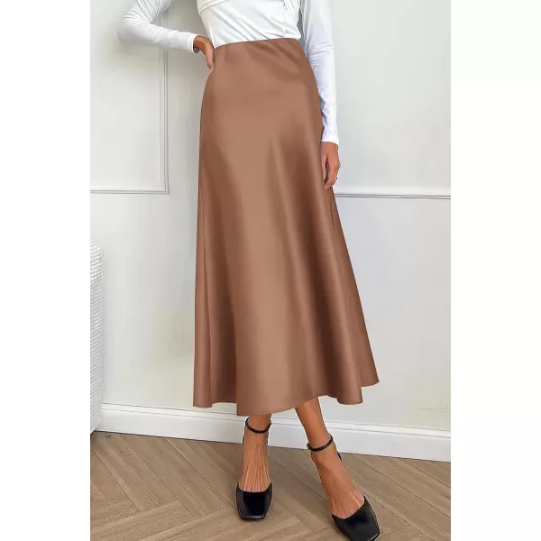 imagePRETTYGARDEN Womens Midi Satin Skirt Dressy Casual High Waisted A Line Flowy Ruffle Elegant Party SkirtsCoffee