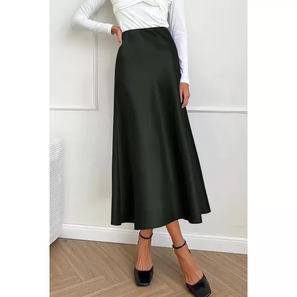 imagePRETTYGARDEN Womens Midi Satin Skirt Dressy Casual High Waisted A Line Flowy Ruffle Elegant Party SkirtsDark Army Green