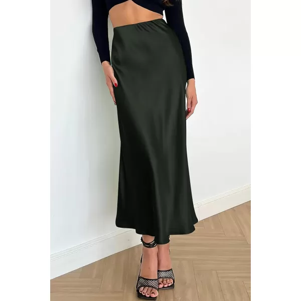 imagePRETTYGARDEN Womens Midi Satin Skirt Dressy Casual High Waisted A Line Flowy Ruffle Elegant Party SkirtsDark Army Green