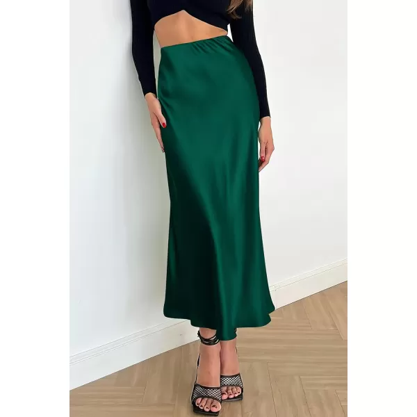 imagePRETTYGARDEN Womens Midi Satin Skirt Dressy Casual High Waisted A Line Flowy Ruffle Elegant Party SkirtsDark Green