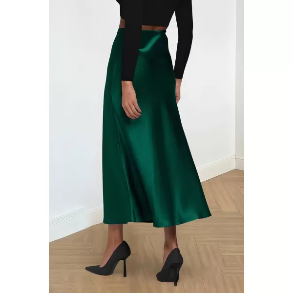 imagePRETTYGARDEN Womens Midi Satin Skirt Dressy Casual High Waisted A Line Flowy Ruffle Elegant Party SkirtsDark Green