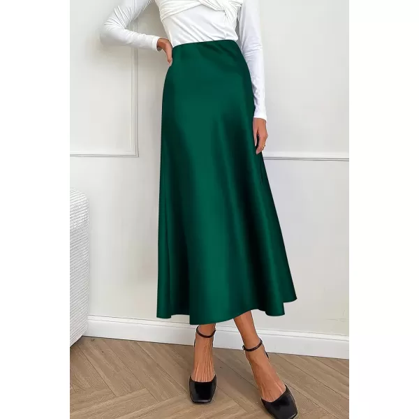 imagePRETTYGARDEN Womens Midi Satin Skirt Dressy Casual High Waisted A Line Flowy Ruffle Elegant Party SkirtsDark Green