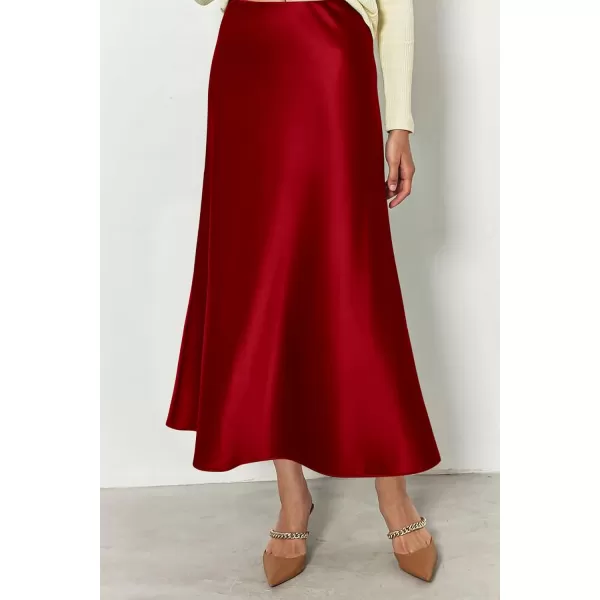 imagePRETTYGARDEN Womens Midi Satin Skirt Dressy Casual High Waisted A Line Flowy Ruffle Elegant Party SkirtsDark Red