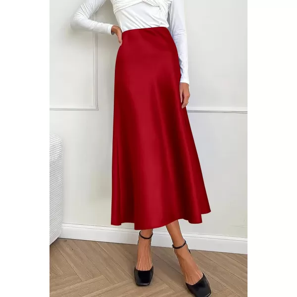 imagePRETTYGARDEN Womens Midi Satin Skirt Dressy Casual High Waisted A Line Flowy Ruffle Elegant Party SkirtsDark Red