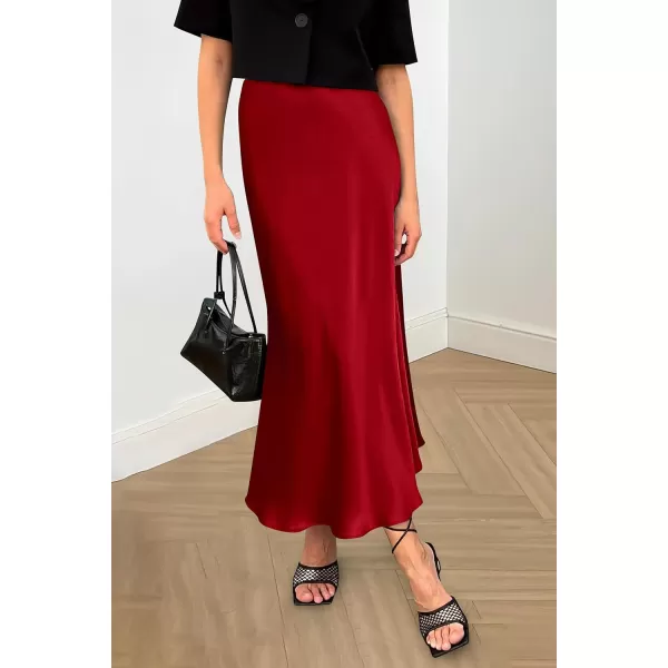 imagePRETTYGARDEN Womens Midi Satin Skirt Dressy Casual High Waisted A Line Flowy Ruffle Elegant Party SkirtsDark Red