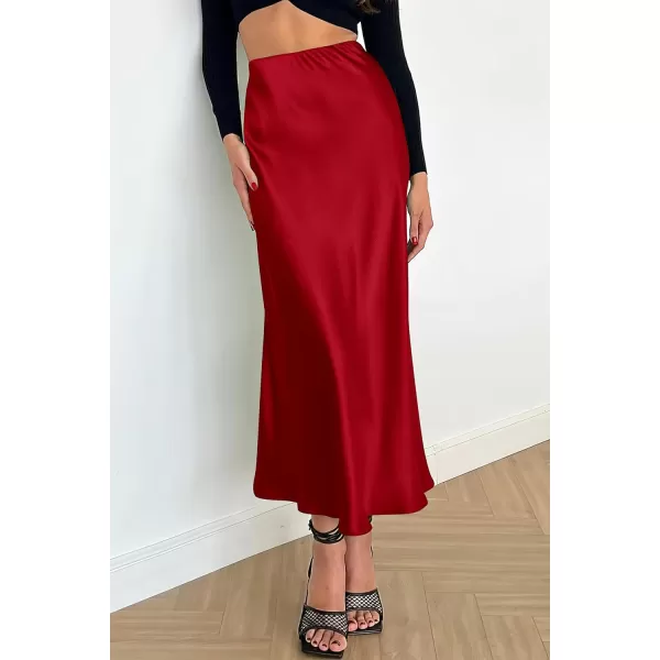 imagePRETTYGARDEN Womens Midi Satin Skirt Dressy Casual High Waisted A Line Flowy Ruffle Elegant Party SkirtsDark Red
