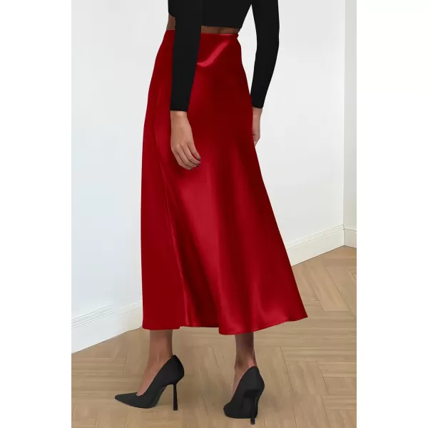 imagePRETTYGARDEN Womens Midi Satin Skirt Dressy Casual High Waisted A Line Flowy Ruffle Elegant Party SkirtsDark Red