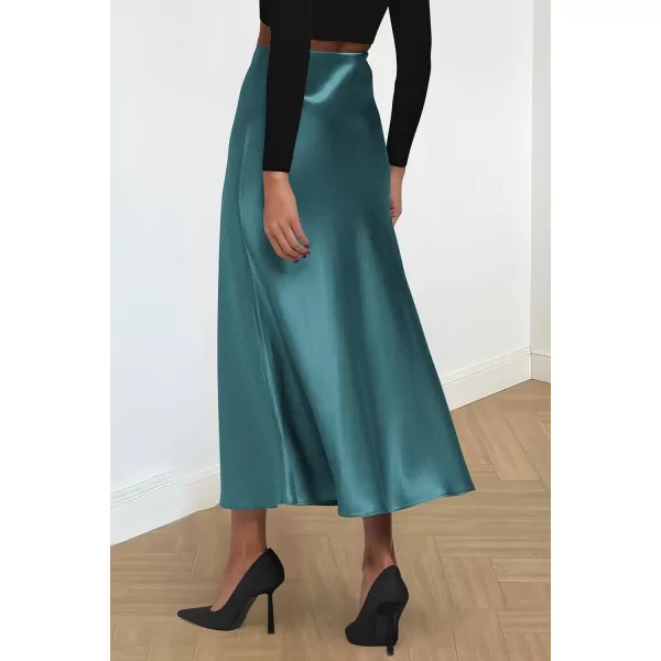 imagePRETTYGARDEN Womens Midi Satin Skirt Dressy Casual High Waisted A Line Flowy Ruffle Elegant Party SkirtsLake Blue