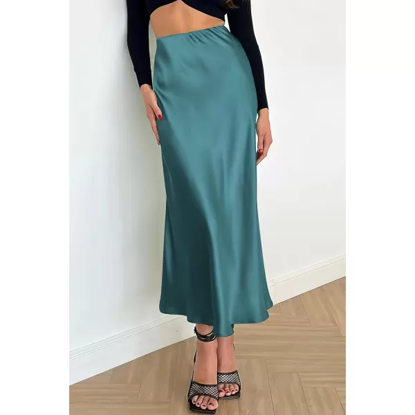 imagePRETTYGARDEN Womens Midi Satin Skirt Dressy Casual High Waisted A Line Flowy Ruffle Elegant Party SkirtsLake Blue