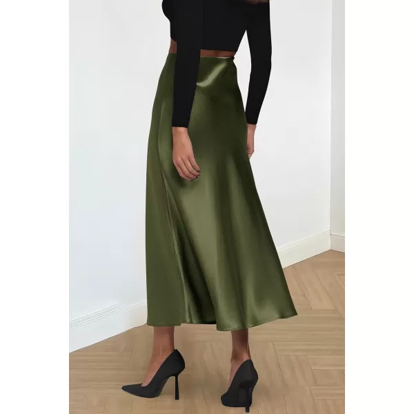imagePRETTYGARDEN Womens Midi Satin Skirt Dressy Casual High Waisted A Line Flowy Ruffle Elegant Party SkirtsLight Army Green
