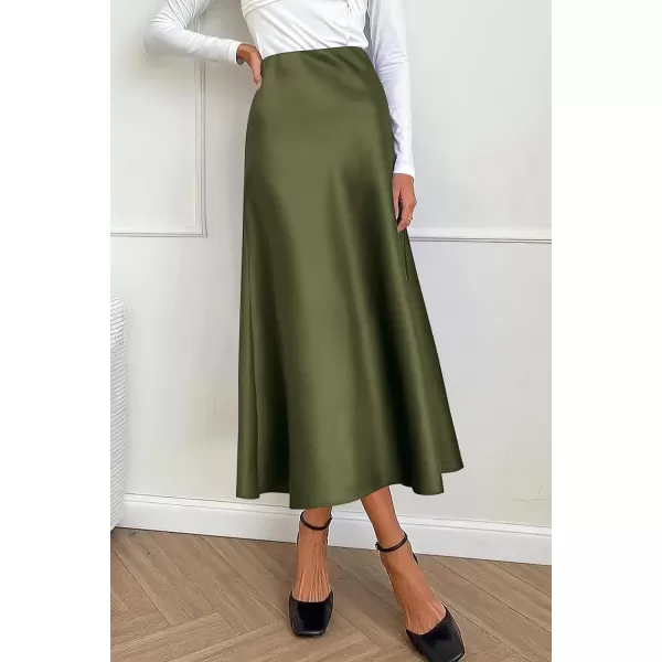 imagePRETTYGARDEN Womens Midi Satin Skirt Dressy Casual High Waisted A Line Flowy Ruffle Elegant Party SkirtsLight Army Green