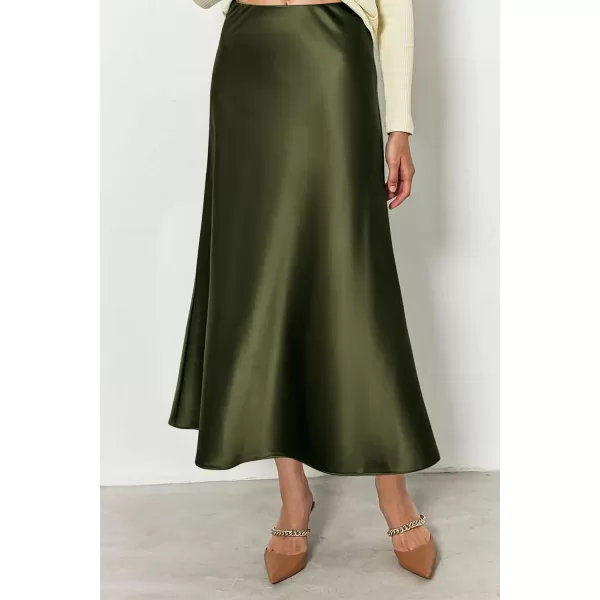 imagePRETTYGARDEN Womens Midi Satin Skirt Dressy Casual High Waisted A Line Flowy Ruffle Elegant Party SkirtsLight Army Green