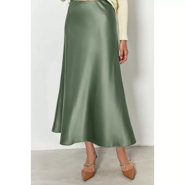 imagePRETTYGARDEN Womens Midi Satin Skirt Dressy Casual High Waisted A Line Flowy Ruffle Elegant Party SkirtsLight Green