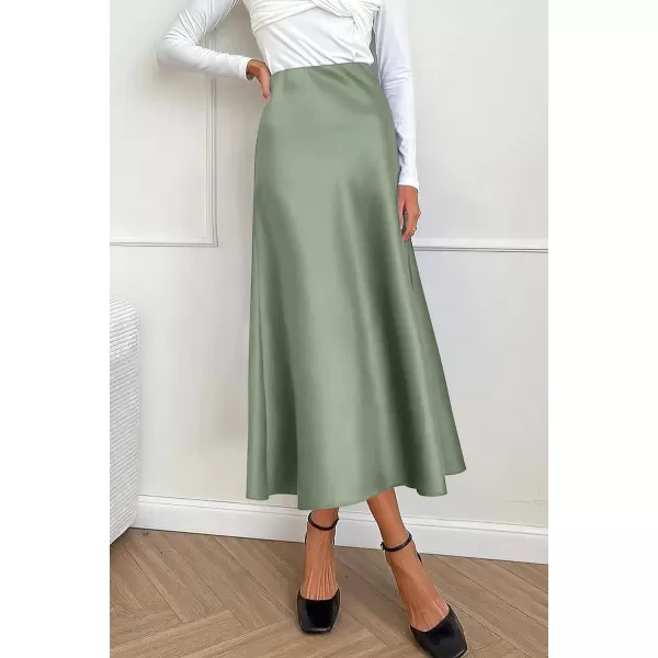 imagePRETTYGARDEN Womens Midi Satin Skirt Dressy Casual High Waisted A Line Flowy Ruffle Elegant Party SkirtsLight Green