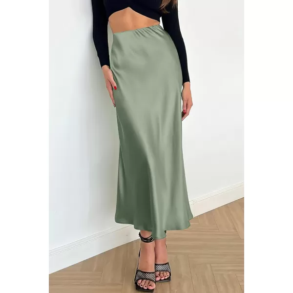 imagePRETTYGARDEN Womens Midi Satin Skirt Dressy Casual High Waisted A Line Flowy Ruffle Elegant Party SkirtsLight Green
