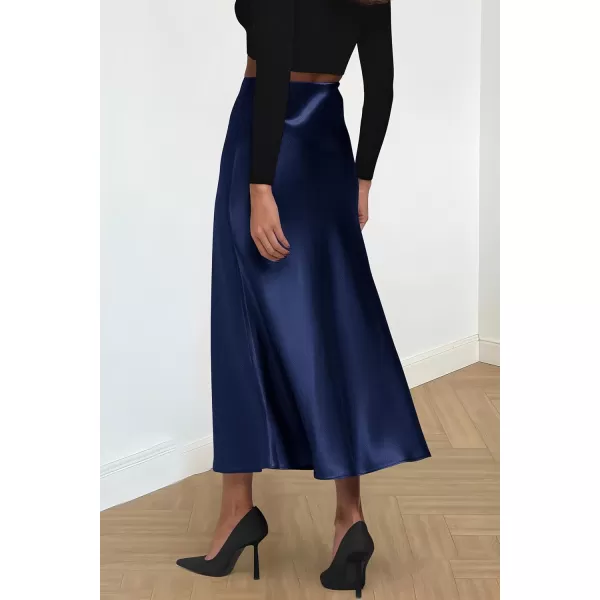 imagePRETTYGARDEN Womens Midi Satin Skirt Dressy Casual High Waisted A Line Flowy Ruffle Elegant Party SkirtsNavy