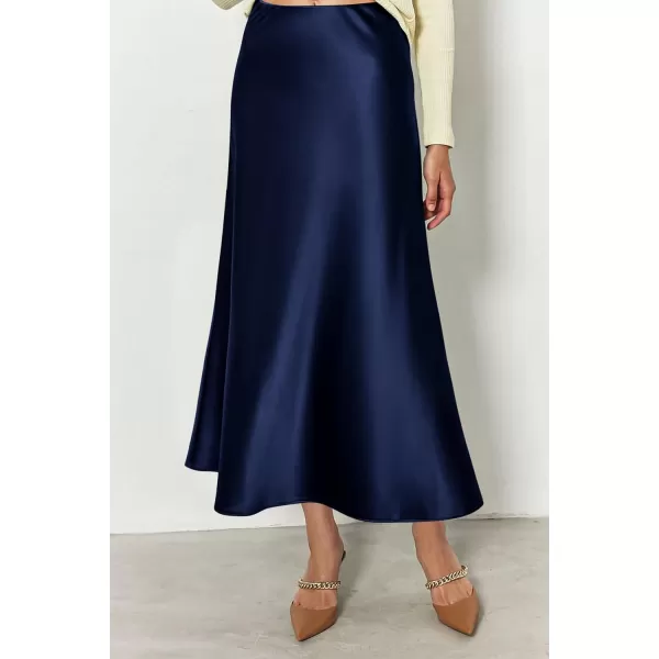 imagePRETTYGARDEN Womens Midi Satin Skirt Dressy Casual High Waisted A Line Flowy Ruffle Elegant Party SkirtsNavy