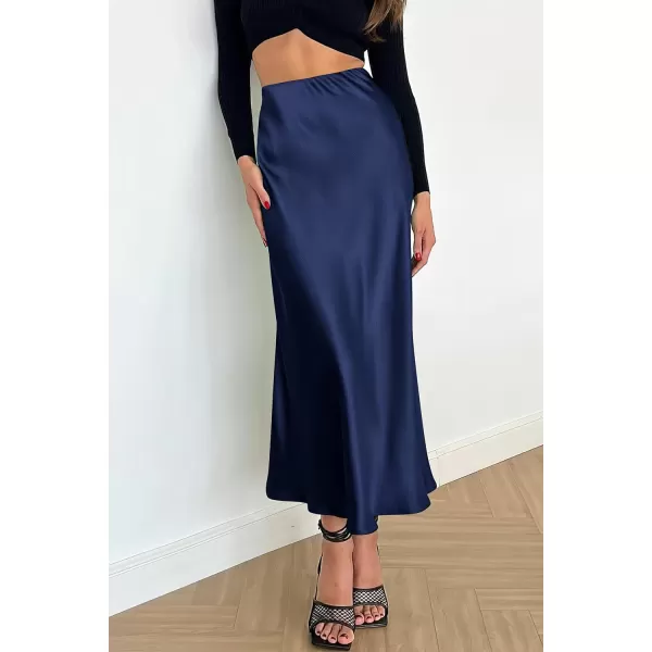 imagePRETTYGARDEN Womens Midi Satin Skirt Dressy Casual High Waisted A Line Flowy Ruffle Elegant Party SkirtsNavy