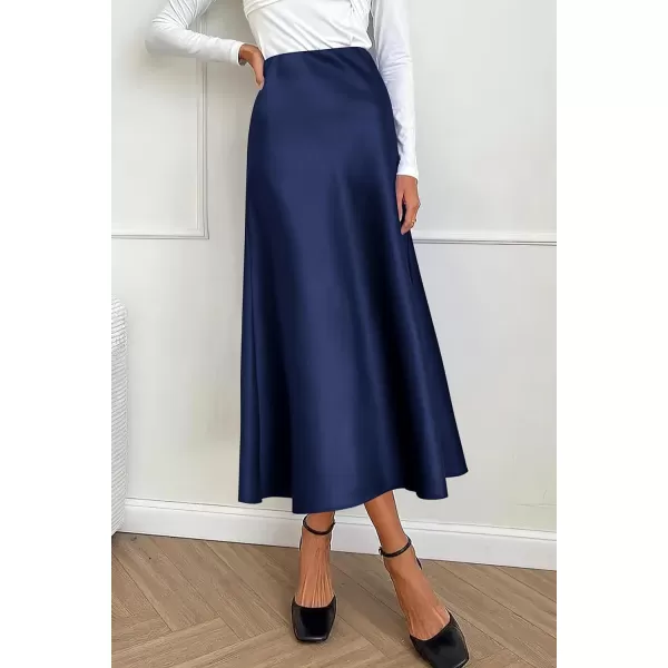 imagePRETTYGARDEN Womens Midi Satin Skirt Dressy Casual High Waisted A Line Flowy Ruffle Elegant Party SkirtsNavy