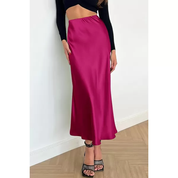 imagePRETTYGARDEN Womens Midi Satin Skirt Dressy Casual High Waisted A Line Flowy Ruffle Elegant Party SkirtsRose Red