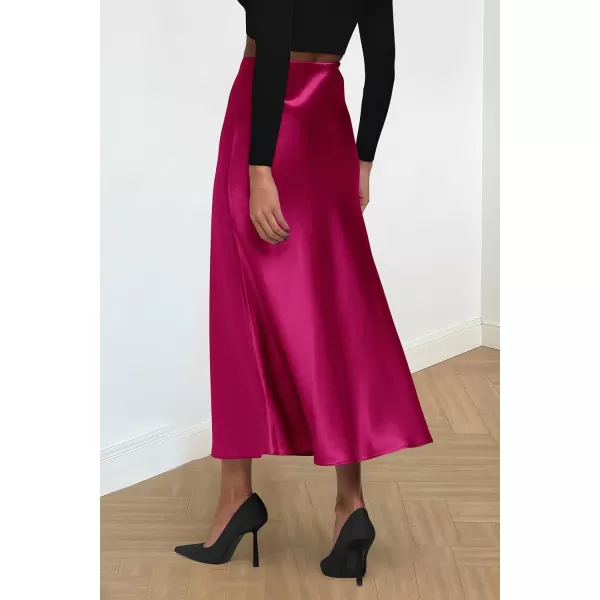 imagePRETTYGARDEN Womens Midi Satin Skirt Dressy Casual High Waisted A Line Flowy Ruffle Elegant Party SkirtsRose Red