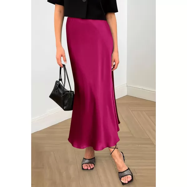 imagePRETTYGARDEN Womens Midi Satin Skirt Dressy Casual High Waisted A Line Flowy Ruffle Elegant Party SkirtsRose Red