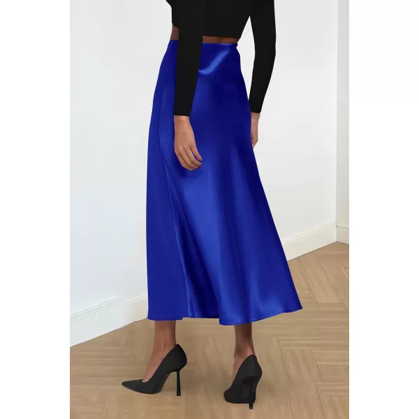 imagePRETTYGARDEN Womens Midi Satin Skirt Dressy Casual High Waisted A Line Flowy Ruffle Elegant Party SkirtsRoyal Blue