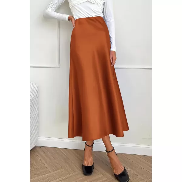 imagePRETTYGARDEN Womens Midi Satin Skirt Dressy Casual High Waisted A Line Flowy Ruffle Elegant Party SkirtsRust Red
