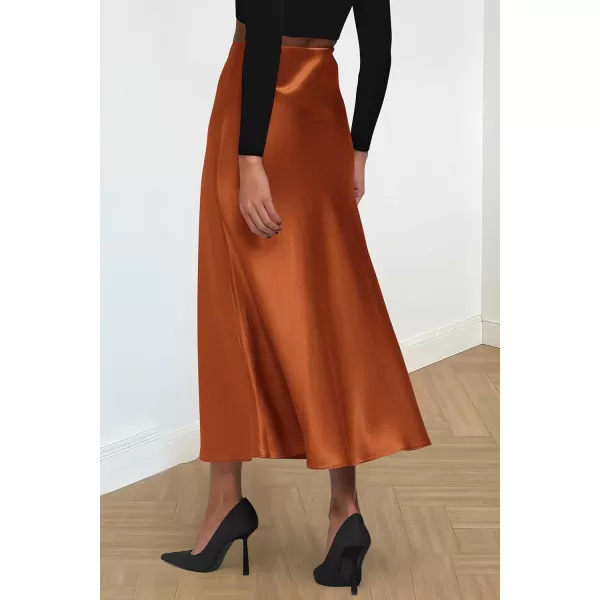 imagePRETTYGARDEN Womens Midi Satin Skirt Dressy Casual High Waisted A Line Flowy Ruffle Elegant Party SkirtsRust Red