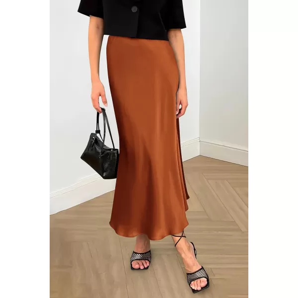 imagePRETTYGARDEN Womens Midi Satin Skirt Dressy Casual High Waisted A Line Flowy Ruffle Elegant Party SkirtsRust Red