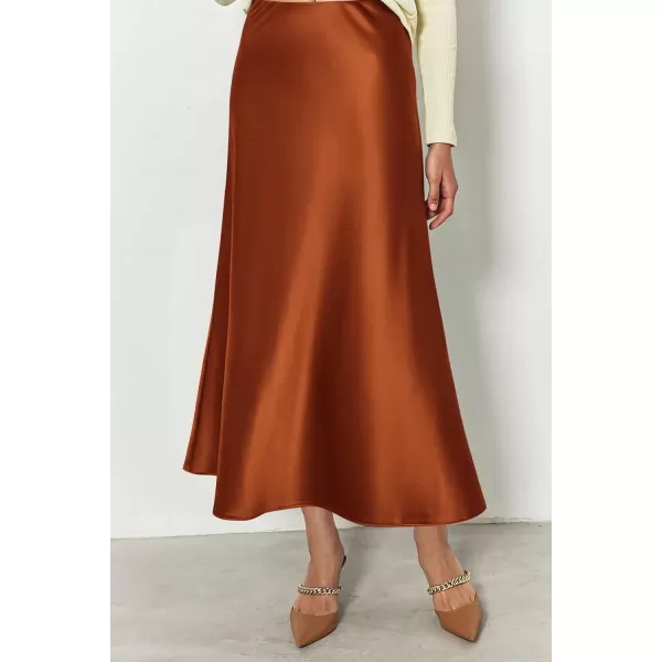 imagePRETTYGARDEN Womens Midi Satin Skirt Dressy Casual High Waisted A Line Flowy Ruffle Elegant Party SkirtsRust Red