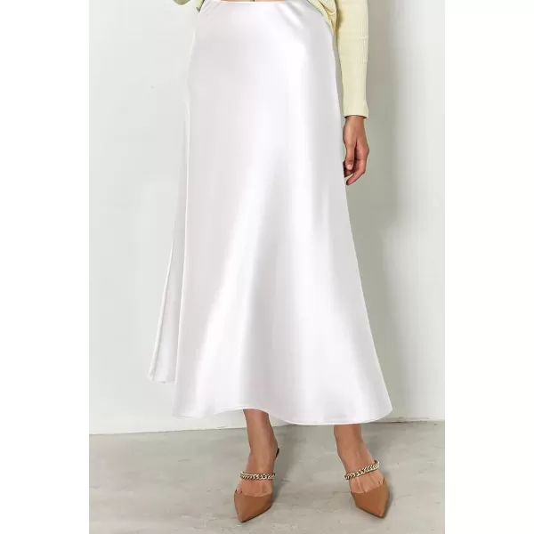 imagePRETTYGARDEN Womens Midi Satin Skirt Dressy Casual High Waisted A Line Flowy Ruffle Elegant Party SkirtsWhite