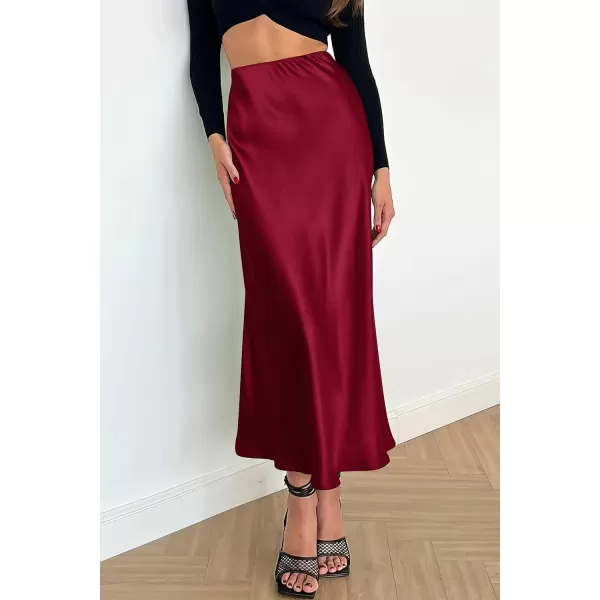 imagePRETTYGARDEN Womens Midi Satin Skirt Dressy Casual High Waisted A Line Flowy Ruffle Elegant Party SkirtsWine Red