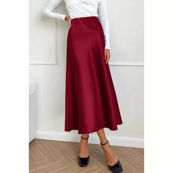 imagePRETTYGARDEN Womens Midi Satin Skirt Dressy Casual High Waisted A Line Flowy Ruffle Elegant Party SkirtsWine Red