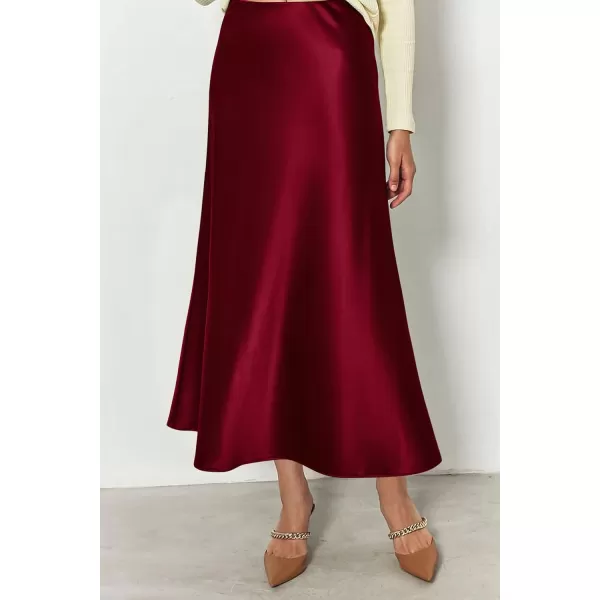 imagePRETTYGARDEN Womens Midi Satin Skirt Dressy Casual High Waisted A Line Flowy Ruffle Elegant Party SkirtsWine Red