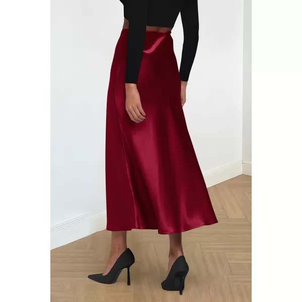 imagePRETTYGARDEN Womens Midi Satin Skirt Dressy Casual High Waisted A Line Flowy Ruffle Elegant Party SkirtsWine Red