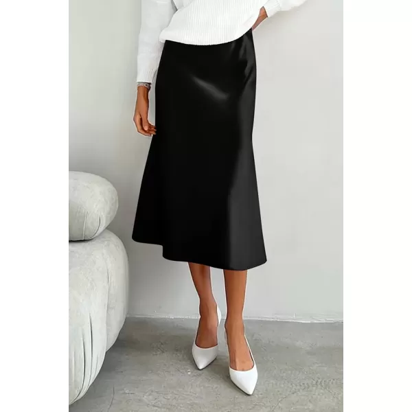 imagePRETTYGARDEN Womens Midi Skirts 2024 Summer Dressy Casual High Waisted Ruffle A Line Silk Satin SkirtsBlack