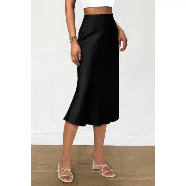 imagePRETTYGARDEN Womens Midi Skirts 2024 Summer Dressy Casual High Waisted Ruffle A Line Silk Satin SkirtsBlack