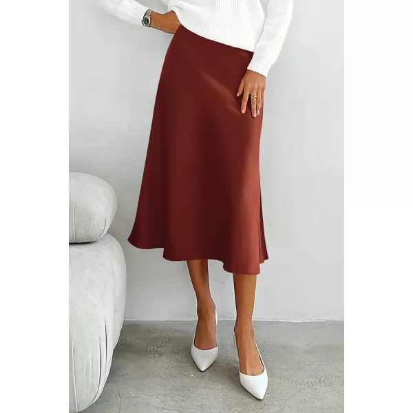imagePRETTYGARDEN Womens Midi Skirts 2024 Summer Dressy Casual High Waisted Ruffle A Line Silk Satin SkirtsBrown